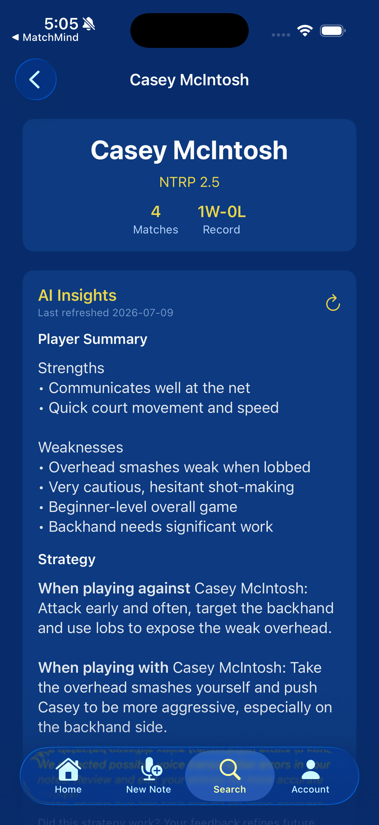 Player profile with AI insights